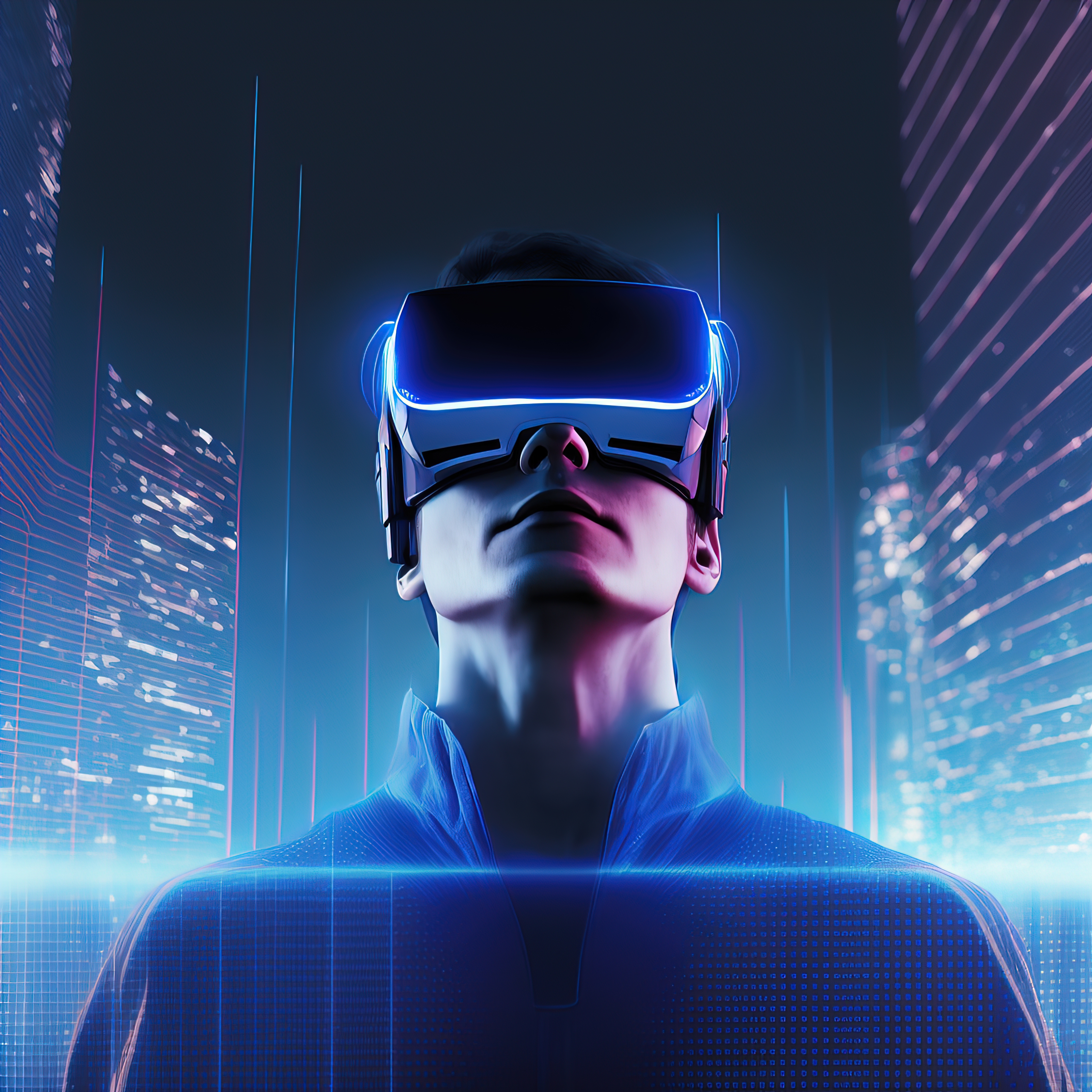 Futuristic virtual reality concept. VR and AR technologies. A man in glasses with a 3D VR headset looks into the cyberspace of the metaverse. 3d illustration